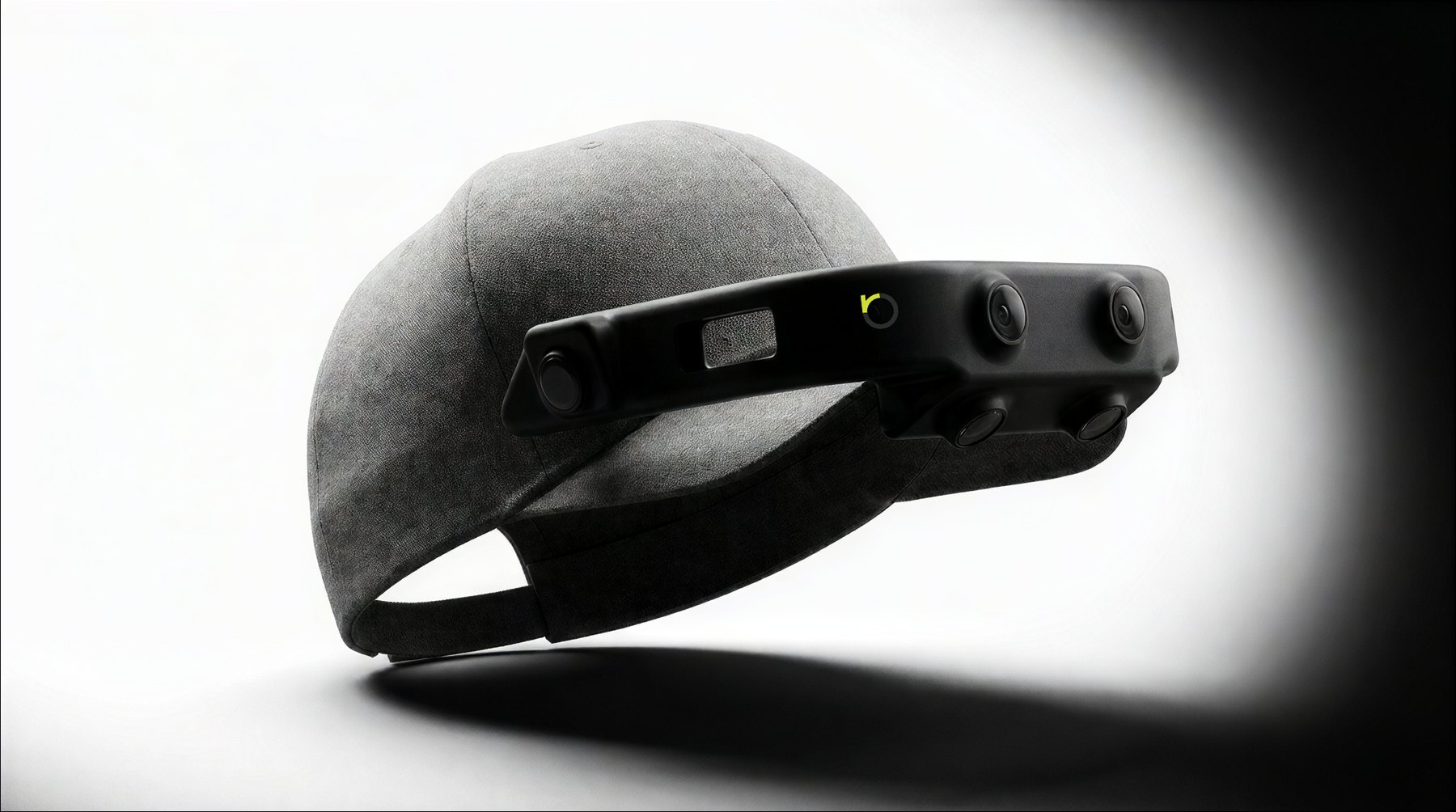 The OpenRobot 6C capture cap: a camera bar across the front of a grey cap