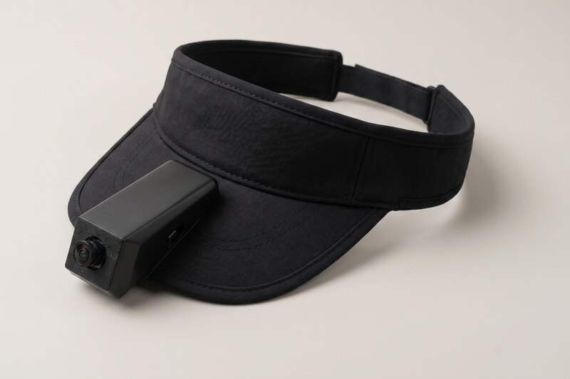 Mono-cap visor-headband with below-trunk camera module — production-target render