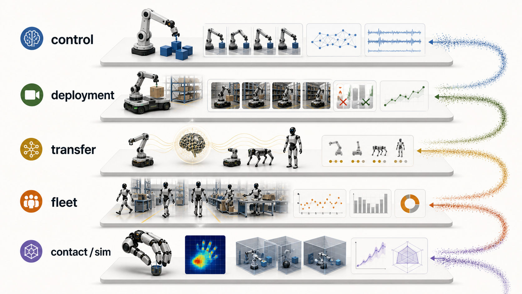 Five physical-AI compounding feedback surfaces shown as linked robot, deployment, fleet, dexterity, and infrastructure loops.