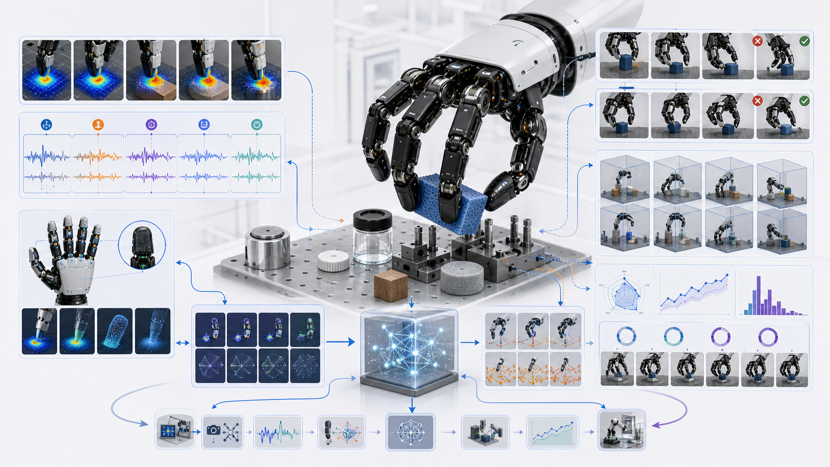 Illustration of a dexterous-contact physical-AI substrate with robotic hand manipulation, tactile maps, torque traces, recovery rollouts, and evaluation loops.