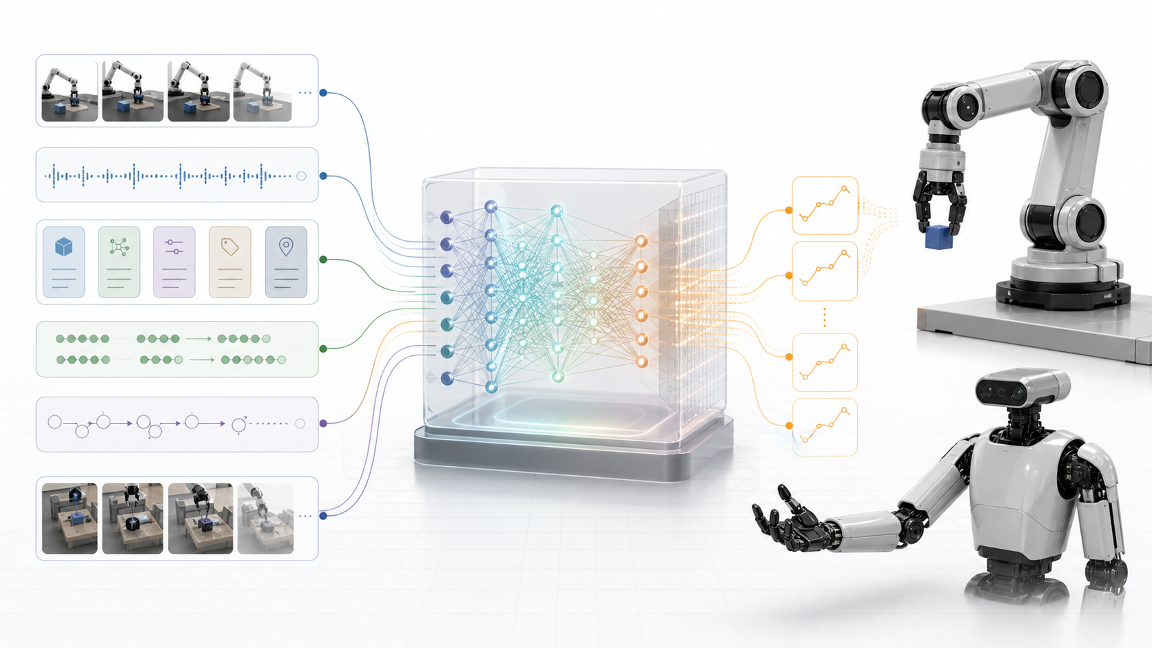 Illustration of a model-centered physical-AI substrate where structured task traces and visual subgoals condition an embodied action model.