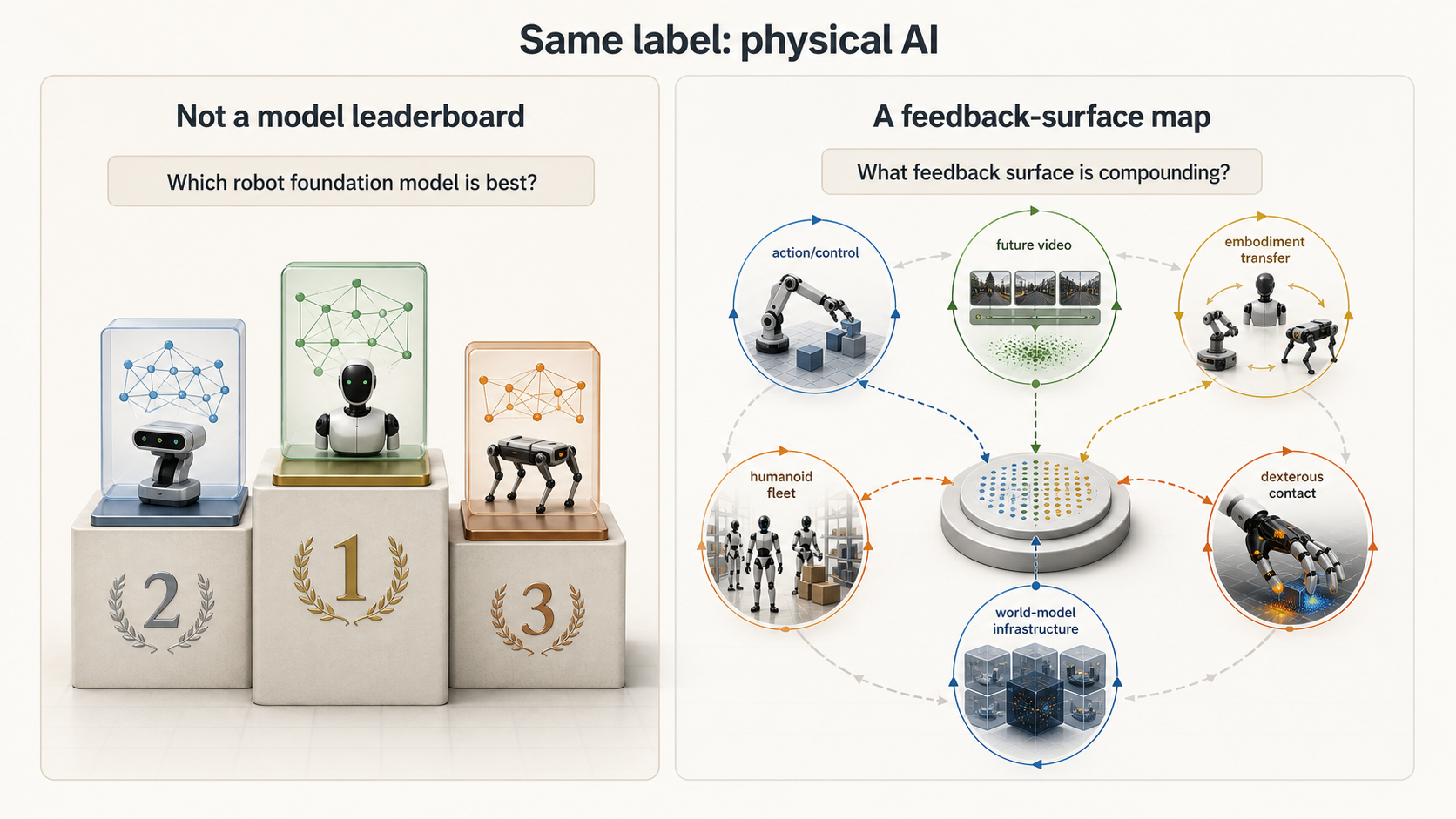 Diagram contrasting a model leaderboard question with a feedback-surface loop map for physical AI.