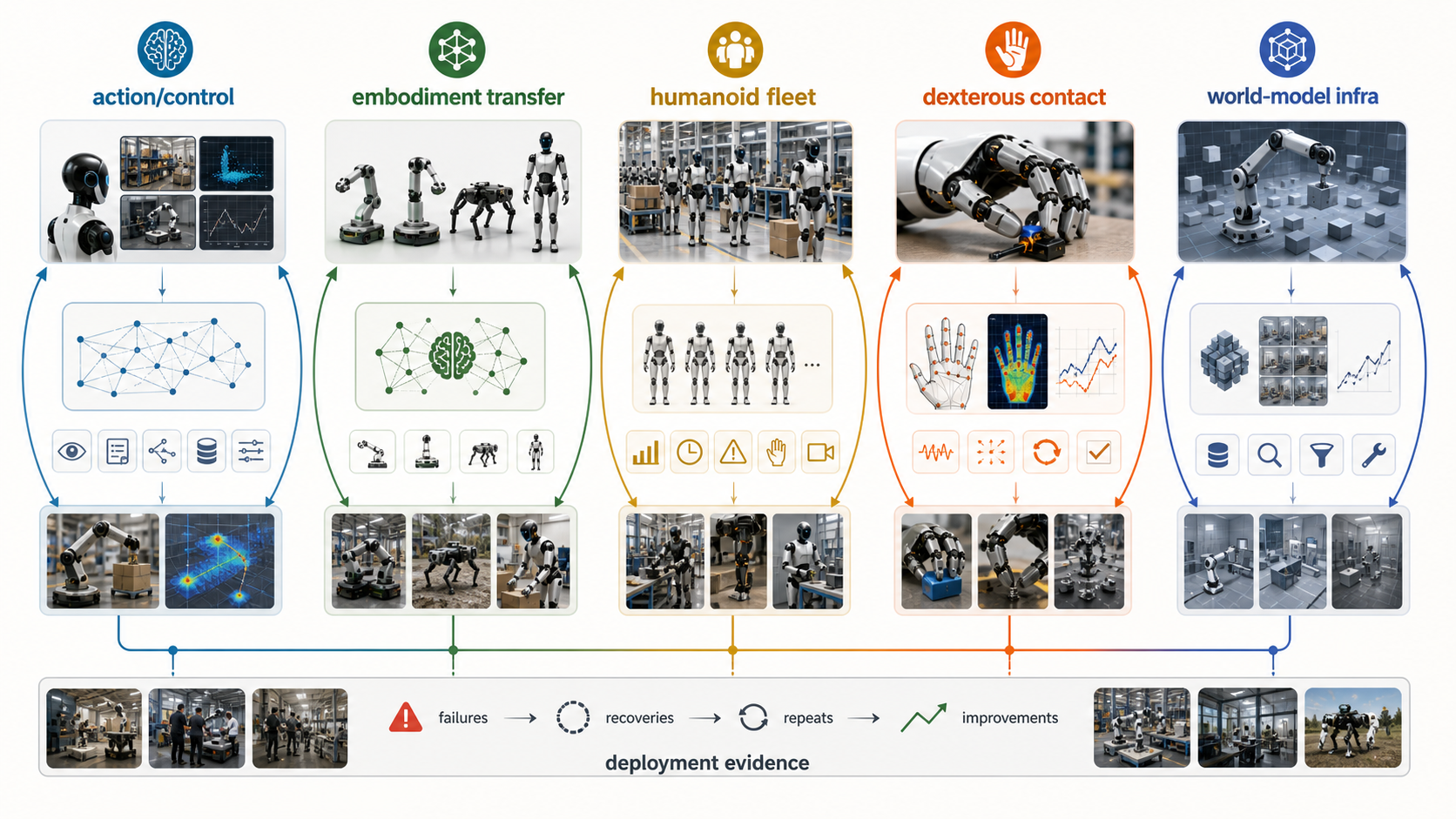 Illustration of five future compounding loops for physical AI: control models, embodiment transfer, humanoid fleets, dexterous contact, and world-model infrastructure.