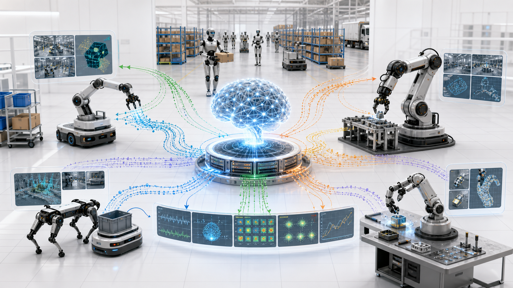 Whole-system physical-AI deployment substrate connecting a shared intelligence core to robot embodiments and customer environments.