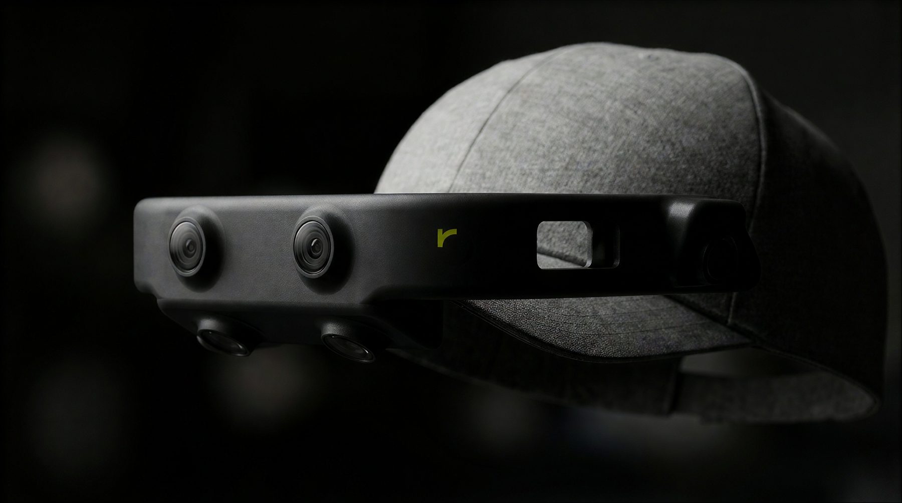 Close view of the Six-camera cap showing the two forward cameras on top and the two downward cameras underneath