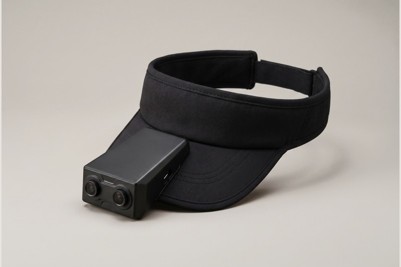Stereo-cap visor-headband with stereo camera module — production-target render
