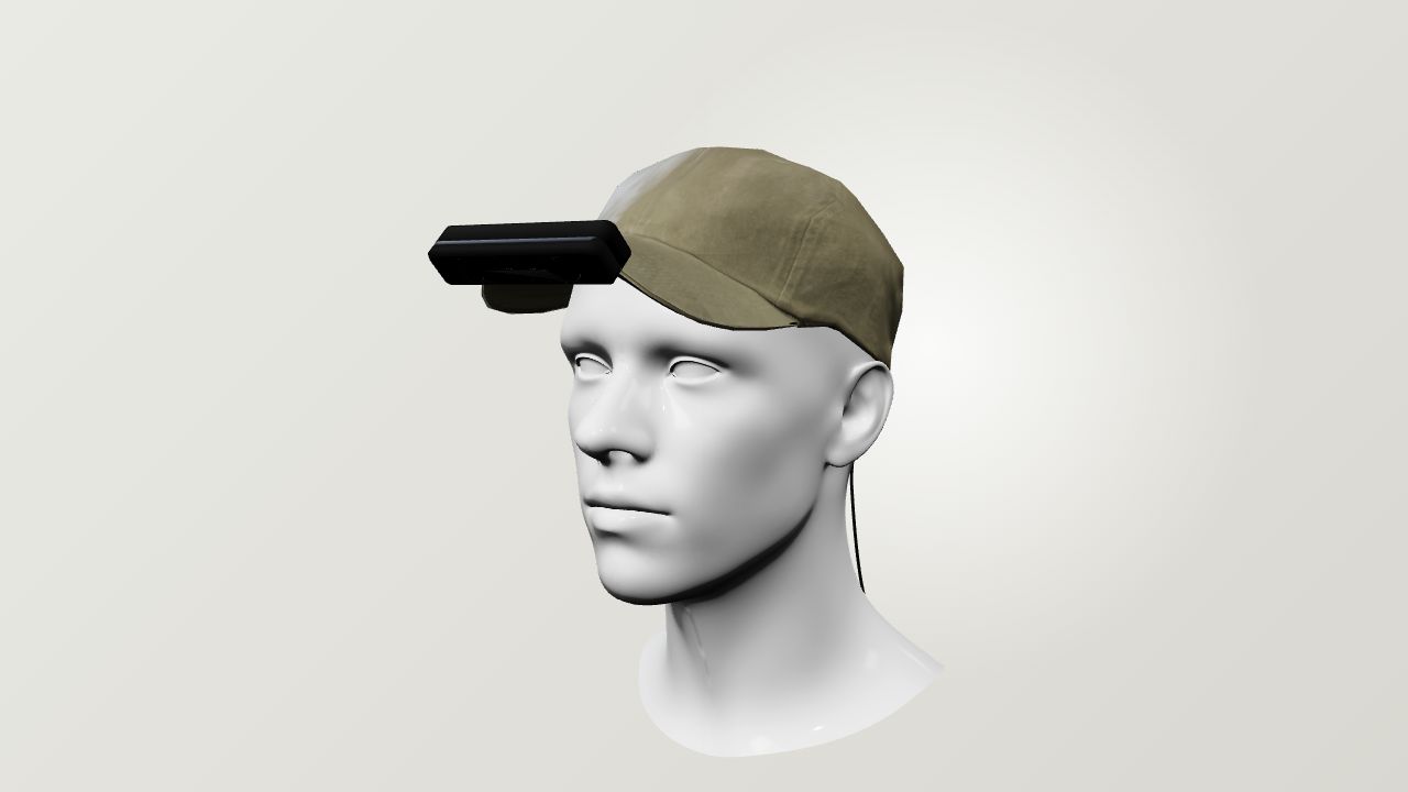 Three-quarter view of the OpenRobot Stereo-cap mounted on a head form